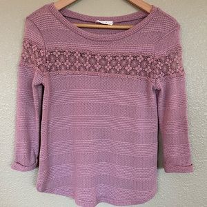 Lush dusty pink 3/4 sleeve top with lace across front.